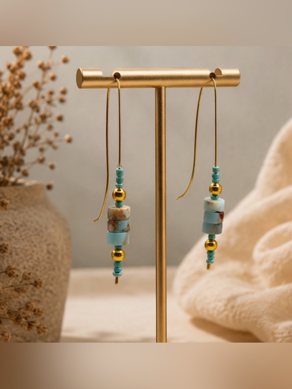 Turquoise Beaded Dangle Earrings - Gold Accent